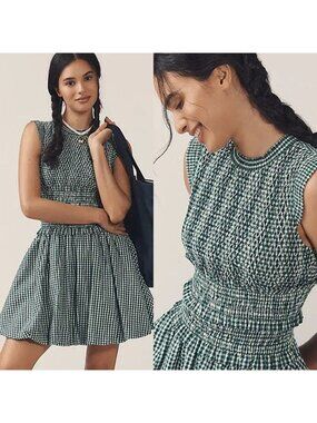 NWT Hunter Bell Anita Gingham Pattern Bubble Hem Mini Dress Green Size: Medium